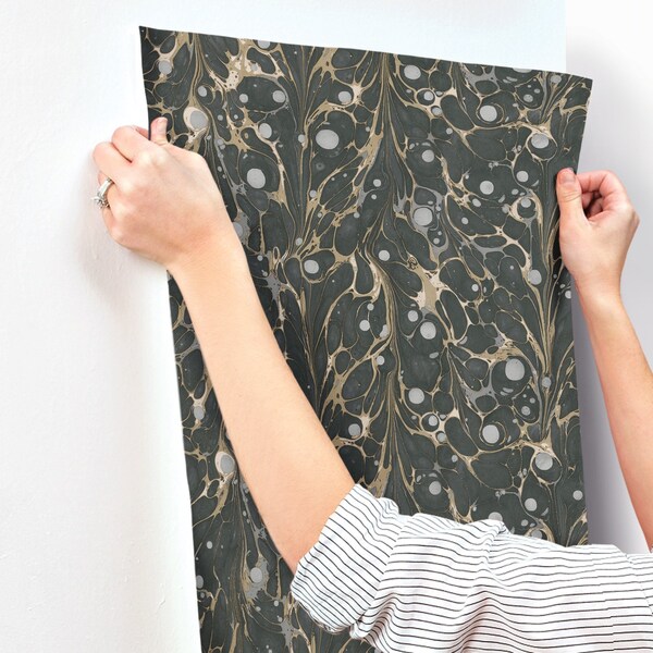 York Wallcoverings Marbled Endpaper Black and Gold Wallpaper - NV5591