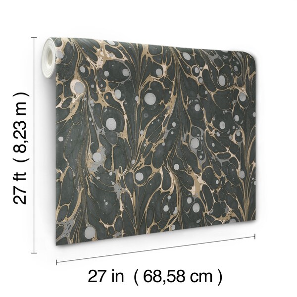 York Wallcoverings Marbled Endpaper Black and Gold Wallpaper - NV5591