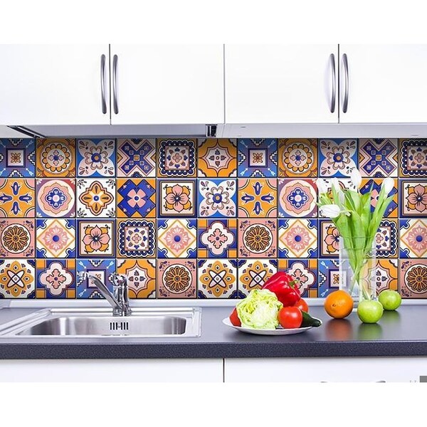 Homeroots 8 x 8 in. Blue Gold & Blush Mosaic Peel & Stick Removable Tiles - 400458