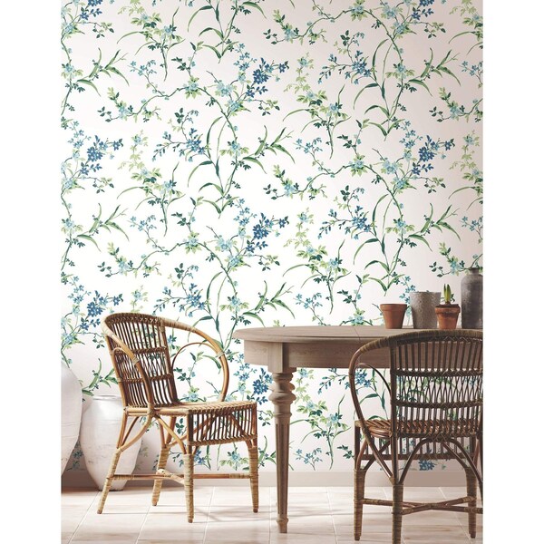 York Wallcoverings Blossom Branches White and Blue Wallpaper - BL1744
