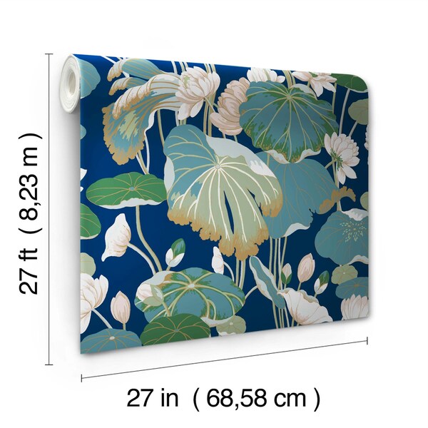 York Wallcoverings Lotus Pond Navy Metallic Wallpaper - GO8295
