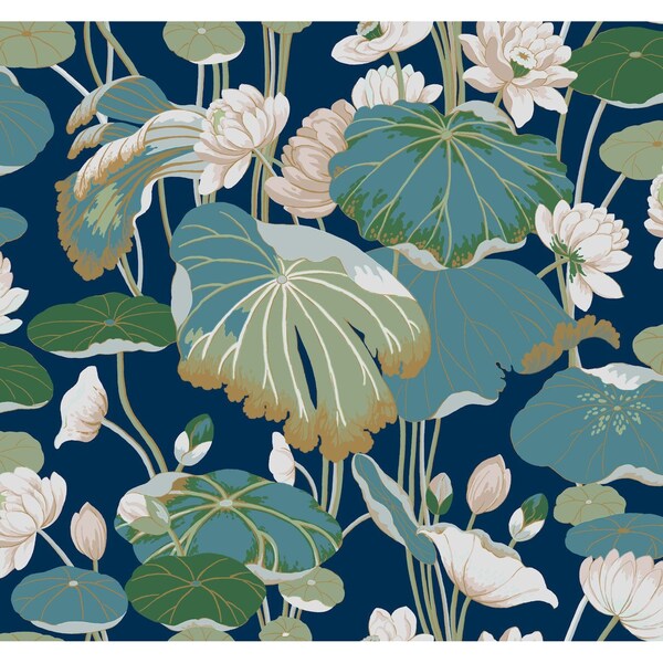 York Wallcoverings Lotus Pond Navy Metallic Wallpaper - GO8295