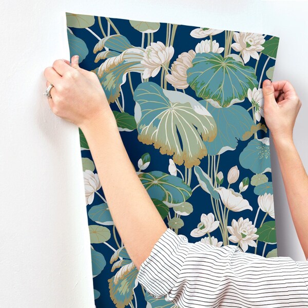 York Wallcoverings Lotus Pond Navy Metallic Wallpaper - GO8295
