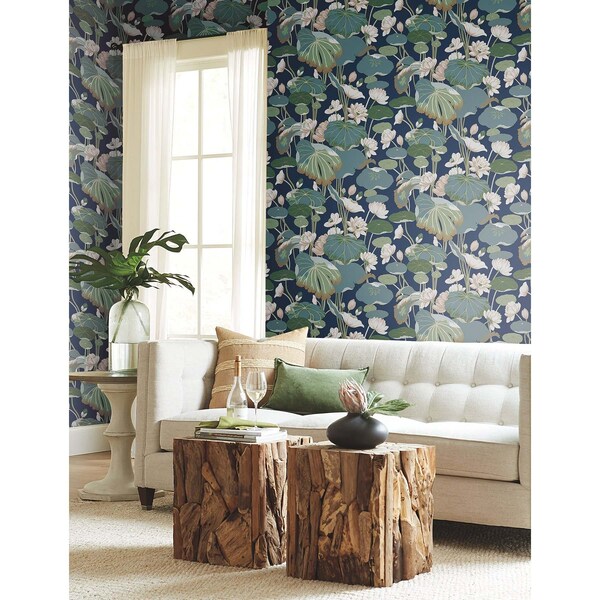 York Wallcoverings Lotus Pond Navy Metallic Wallpaper - GO8295