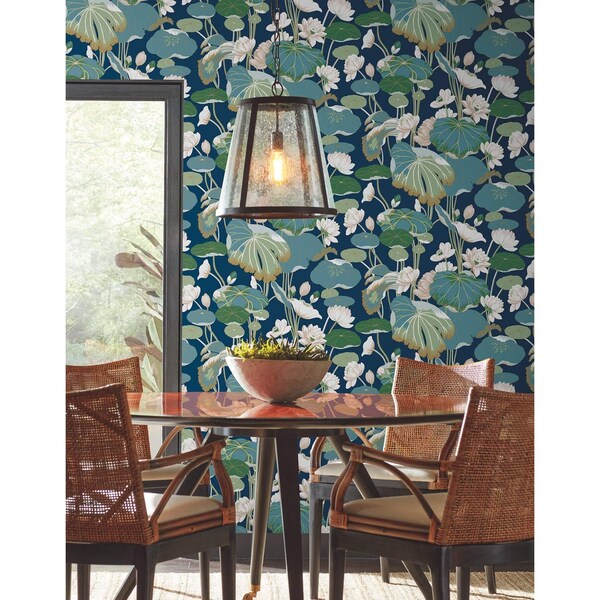 York Wallcoverings Lotus Pond Navy Metallic Wallpaper - GO8295
