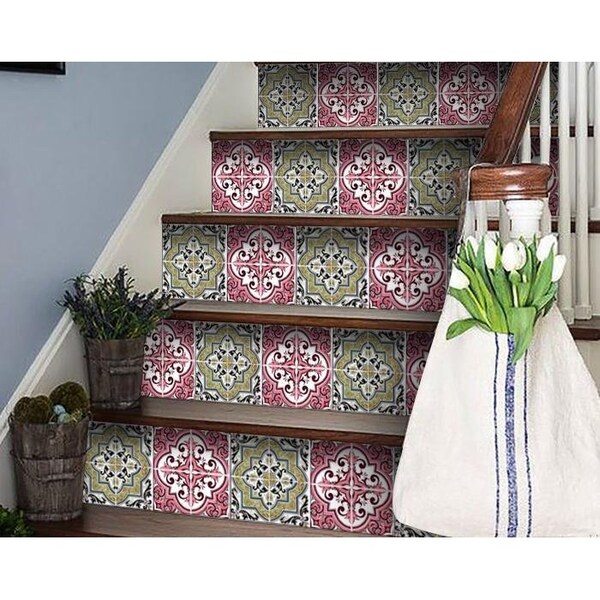 Homeroots 8 x 8 in. Vintage Cran & Green Peel & Stick Removable Tiles - 400169