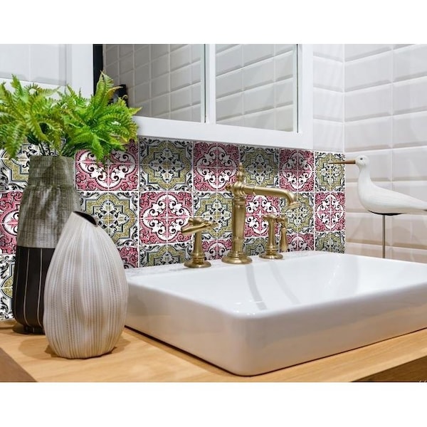 Homeroots 8 x 8 in. Vintage Cran & Green Peel & Stick Removable Tiles - 400169