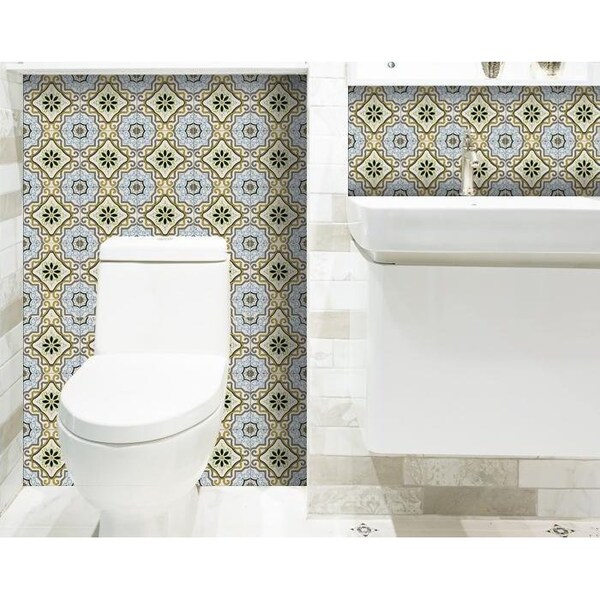 Homeroots 6 x 6 in. Taupe & Blue Scroll Peel & Stick Tiles - 400047