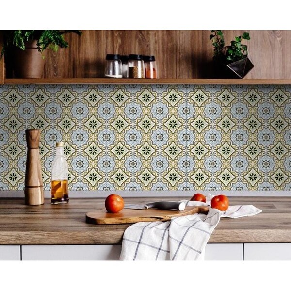 Homeroots 6 x 6 in. Taupe & Blue Scroll Peel & Stick Tiles - 400047