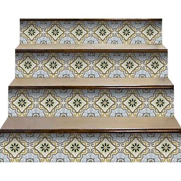 Homeroots 6 x 6 in. Taupe & Blue Scroll Peel & Stick Tiles - 400047