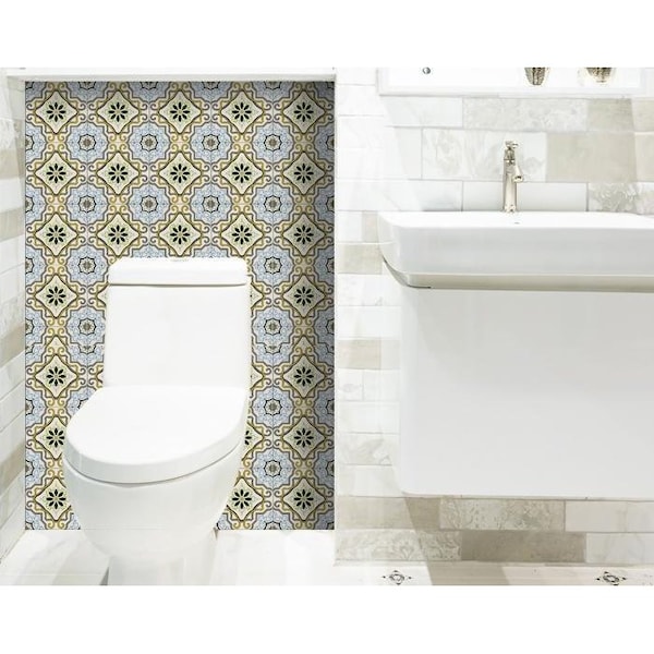 Homeroots 6 x 6 in. Taupe & Blue Scroll Peel & Stick Tiles - 400047