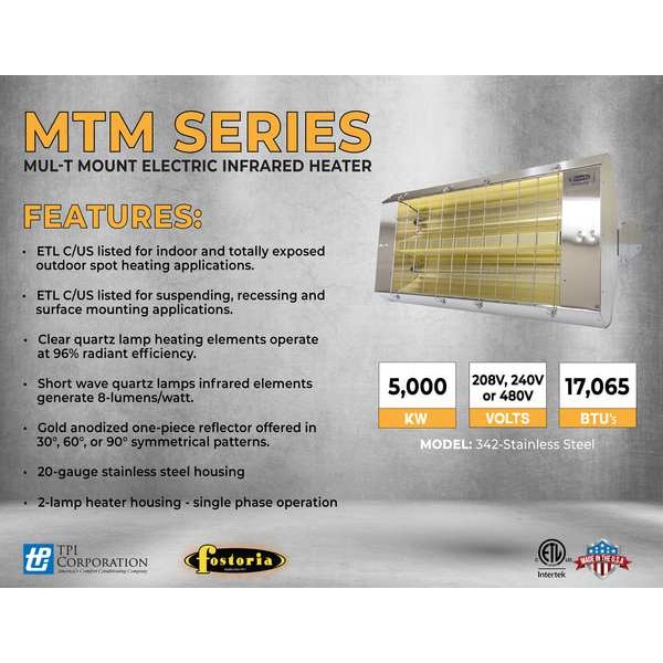 Fostoria Infrared Quartz Electric Heater, 1 Phase, Stainless Steel, 208V AC - F-60-342-THSS