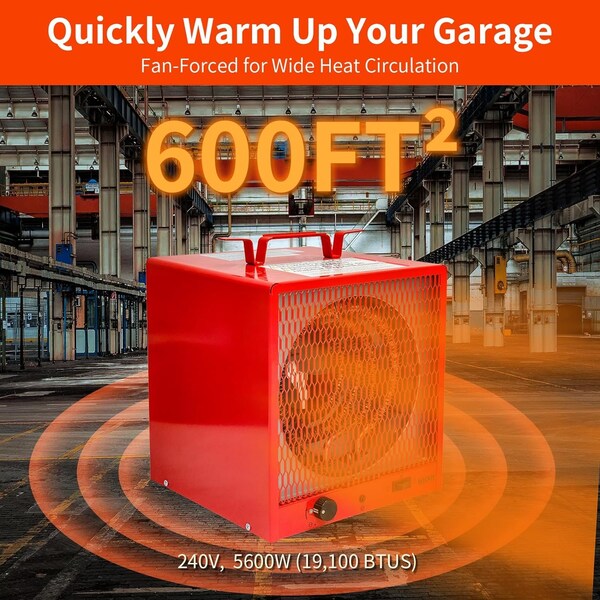 Edendirect 5600W Red Electric Garage Heater, Micathermic Space Heater, Integrated Thermostat Control - HCR-56