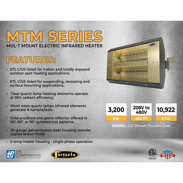 Fostoria Infrared Quartz Electric Heater, 1 Phase, Galvanized Steel, 208V AC - F-60-222-TH