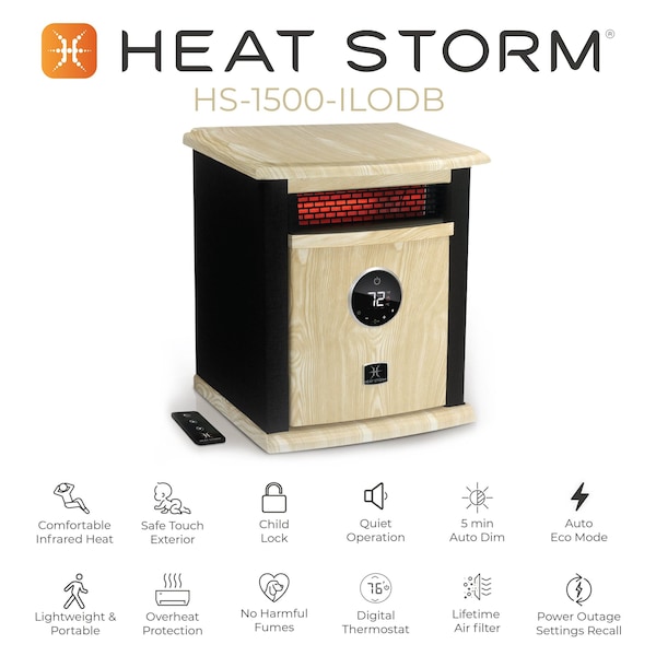 Heat Storm Infrared Space Heater, Floor Style, Cabinet Design, 1500 Watts, Digital Thermostat, 120 Volt, Black - HS-1500-ILODB