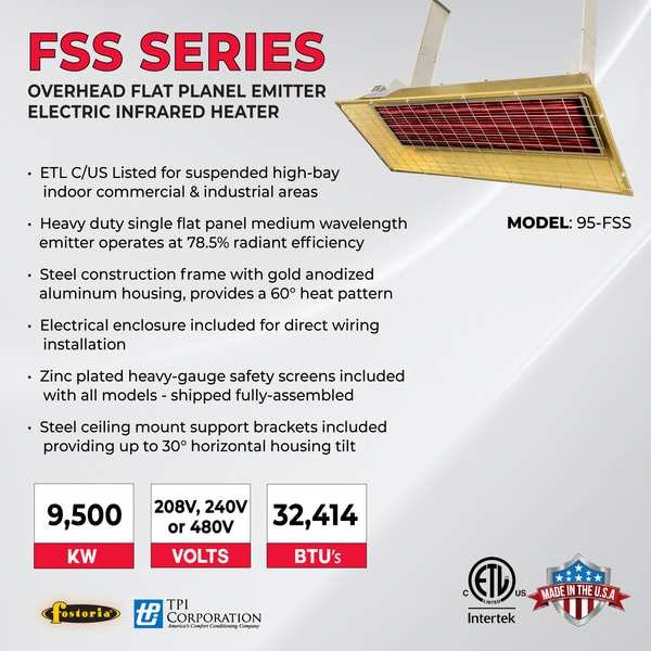 Fostoria Infrared Overhead Electric Heater, 1, 3 Phase, Aluminum, 240V AC - H95-FSS-3