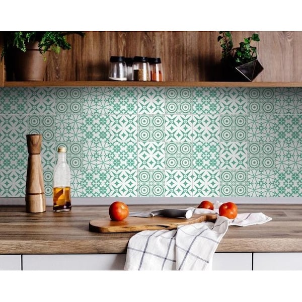 Homeroots 6 x 6 in. Light Green & White Geo Peel & Stick Removable Tiles - 400417