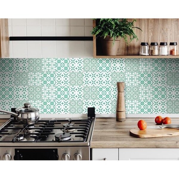 Homeroots 6 x 6 in. Light Green & White Geo Peel & Stick Removable Tiles - 400417