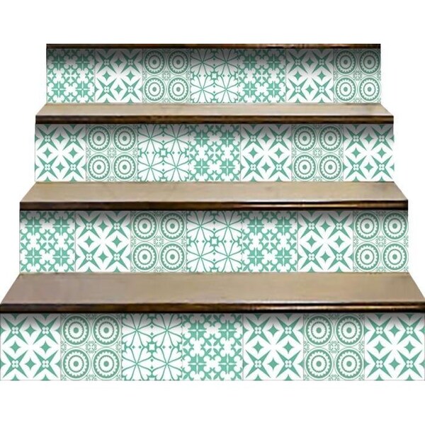 Homeroots 7 x 7 in. Light Green & White Geo Peel & Stick Removable Tiles - 400418