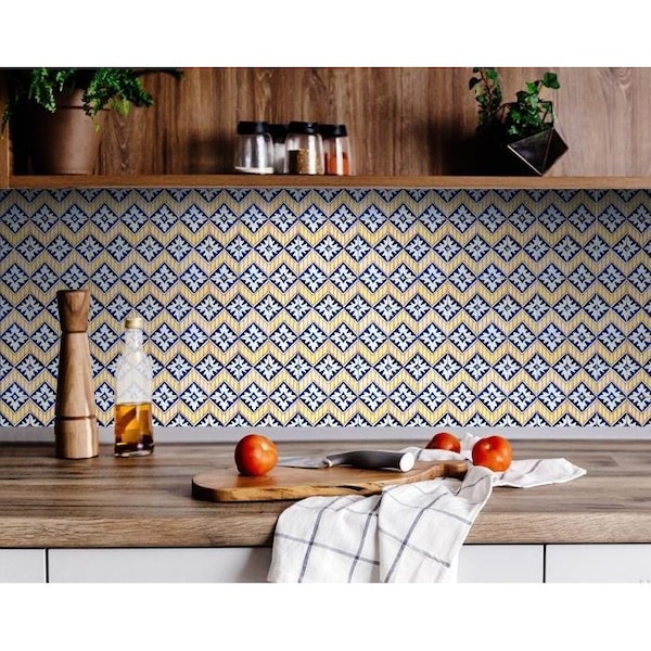 Homeroots 7 x 7 in. Blue Yellow Zig Peel & Stick Tiles - 400188