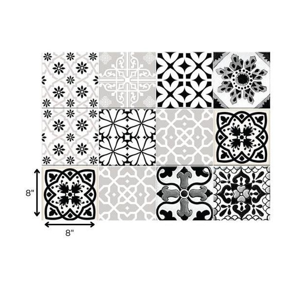 Homeroots 8 x 8 in. Black, White & Gray Bella Peel & Stick Tiles - 399964