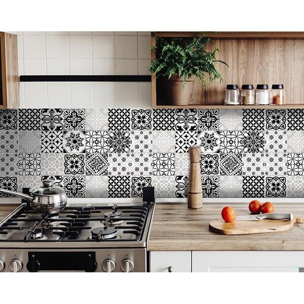 Homeroots 8 x 8 in. Black, White & Gray Bella Peel & Stick Tiles - 399964