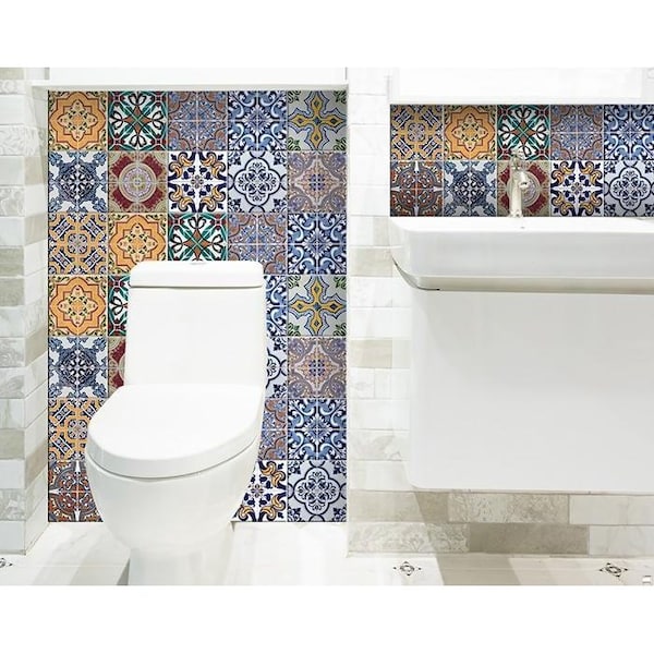 Homeroots 8 x 8 in. Addina Blue Multi Mosaic Peel & Stick Tiles - 400384