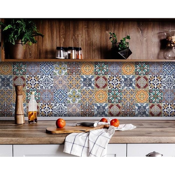 Homeroots 8 x 8 in. Addina Blue Multi Mosaic Peel & Stick Tiles - 400384