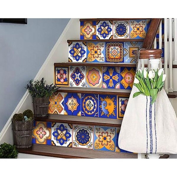 Homeroots 5 x 5 in. Blue & Gold Celestial Mosaic Peel & Stick Removable Tiles - 400442
