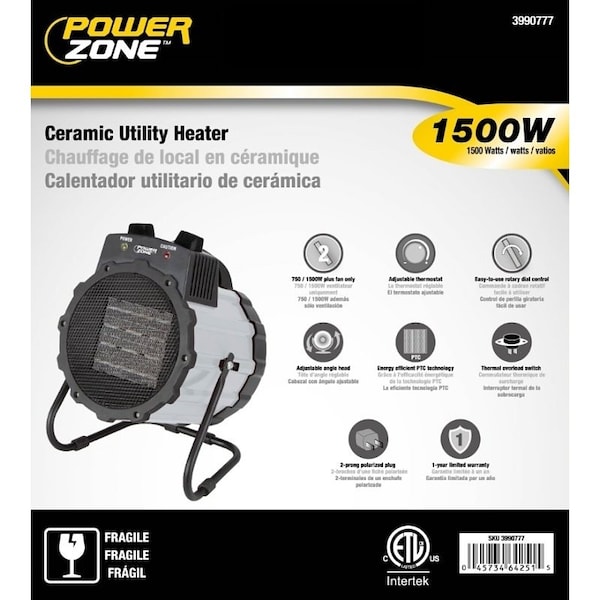Powerzone PowerZone BNT-15B2 Ceramic Utility Heater, 120 V750/1500W, Grey - BNT-15B2