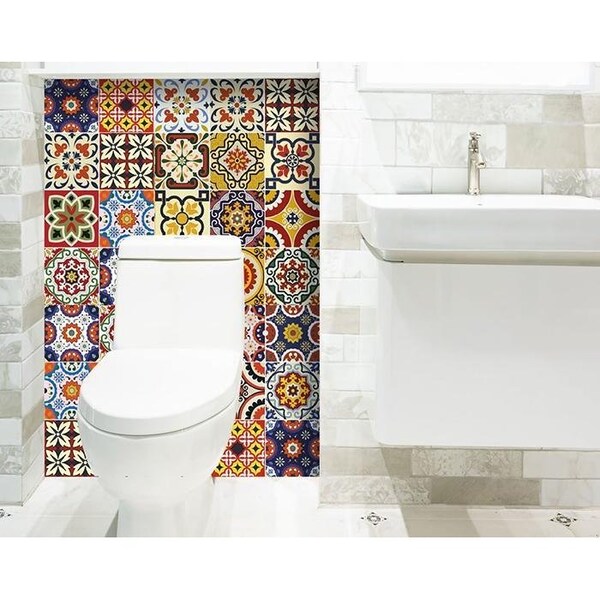 Homeroots 8 x 8 in. Blue Red Yellow Mosaic Peel & Stick Tiles - 400069