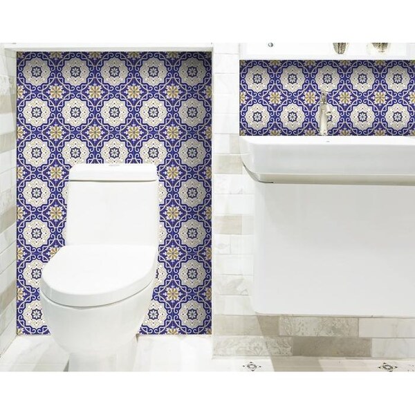 Homeroots 5 x 5 in. Blue, White & Gold Mosaic Removable Tiles - 399831