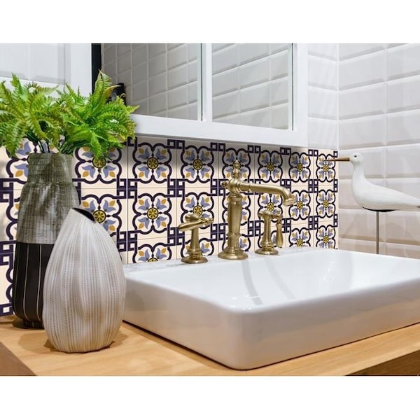 Homeroots 4 x 4 in. Azul Blue Flora Peel & Stick Removable Tiles - 400010