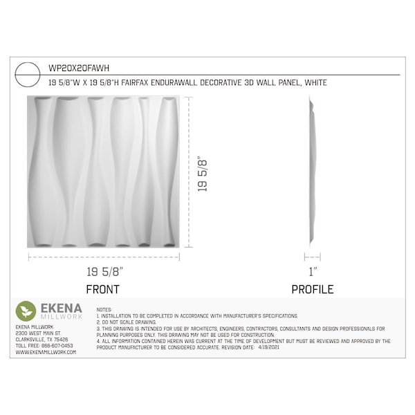 Ekena Millwork 19 5/8in. W x 19 5/8in. H Fairfax EnduraWall Decor 3D Wall Panel Covers Total 53.49 Sq. Ft., 20PK - WP20X20FAWH-CASE-20