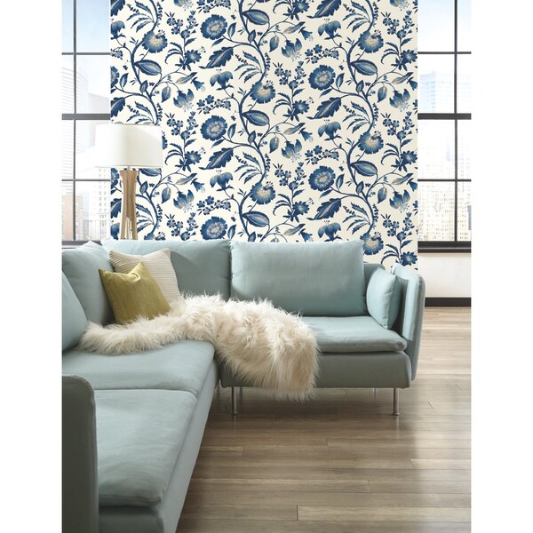 York Wallcoverings Watercolor Jacobean Blue and White Wallpaper - AT7021