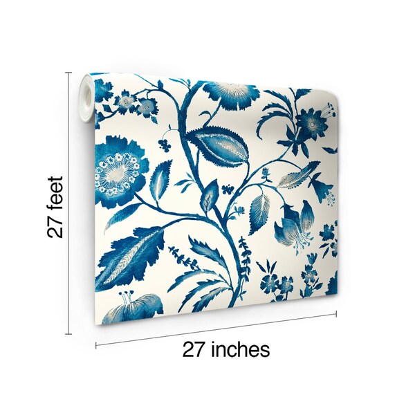 York Wallcoverings Watercolor Jacobean Blue and White Wallpaper - AT7021