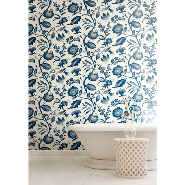 York Wallcoverings Watercolor Jacobean Blue and White Wallpaper - AT7021