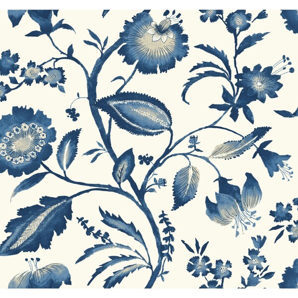 York Wallcoverings Watercolor Jacobean Blue and White Wallpaper - AT7021