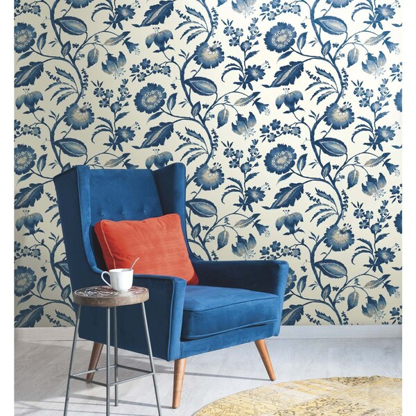 York Wallcoverings Watercolor Jacobean Blue and White Wallpaper - AT7021