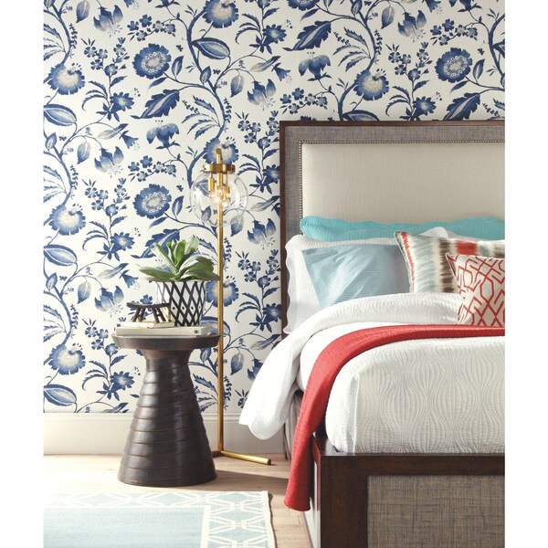 York Wallcoverings Watercolor Jacobean Blue and White Wallpaper - AT7021