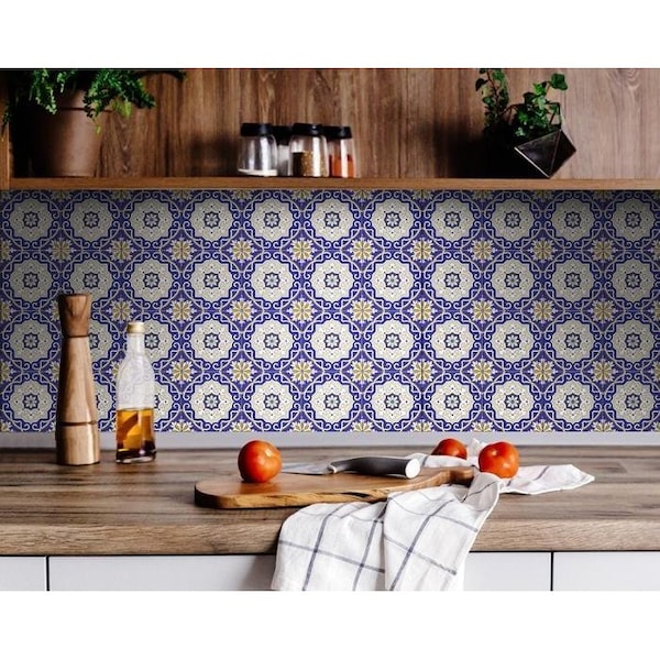 Homeroots 6 x 6 in. Blue, White & Gold Mosaic Removable Tiles - 399832