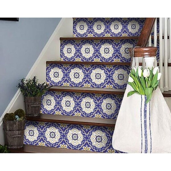 Homeroots 6 x 6 in. Blue, White & Gold Mosaic Removable Tiles - 399832