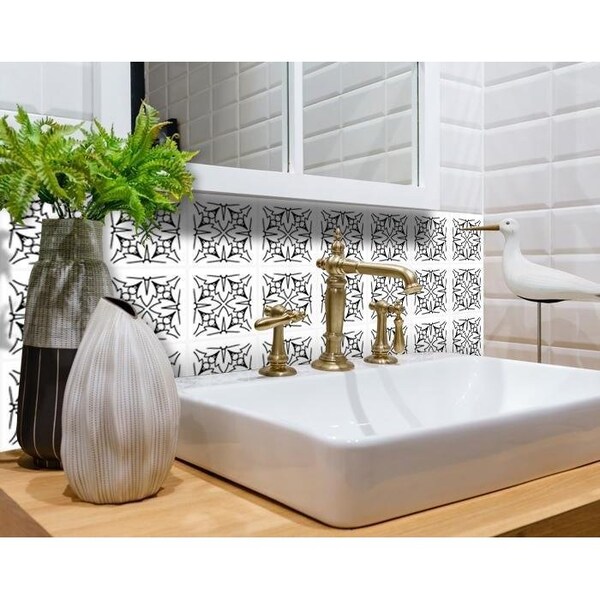 Homeroots 4 x 4 in. White & Black Cross Peel & Stick Removable Tiles - 399930