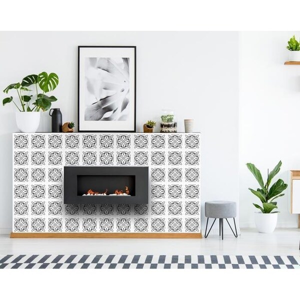 Homeroots 4 x 4 in. White & Black Cross Peel & Stick Removable Tiles - 399930