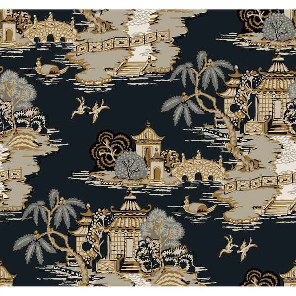 York Wallcoverings Pagoda And Sampan Scenic Black Wallpaper - RT7902