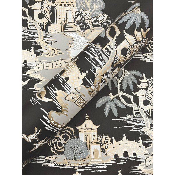 York Wallcoverings Pagoda And Sampan Scenic Black Wallpaper - RT7902