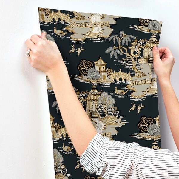 York Wallcoverings Pagoda And Sampan Scenic Black Wallpaper - RT7902