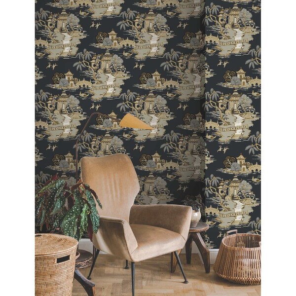 York Wallcoverings Pagoda And Sampan Scenic Black Wallpaper - RT7902