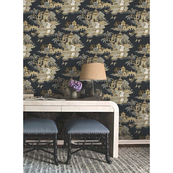 York Wallcoverings Pagoda And Sampan Scenic Black Wallpaper - RT7902