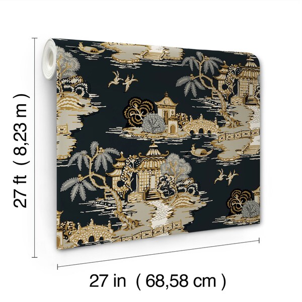 York Wallcoverings Pagoda And Sampan Scenic Black Wallpaper - RT7902